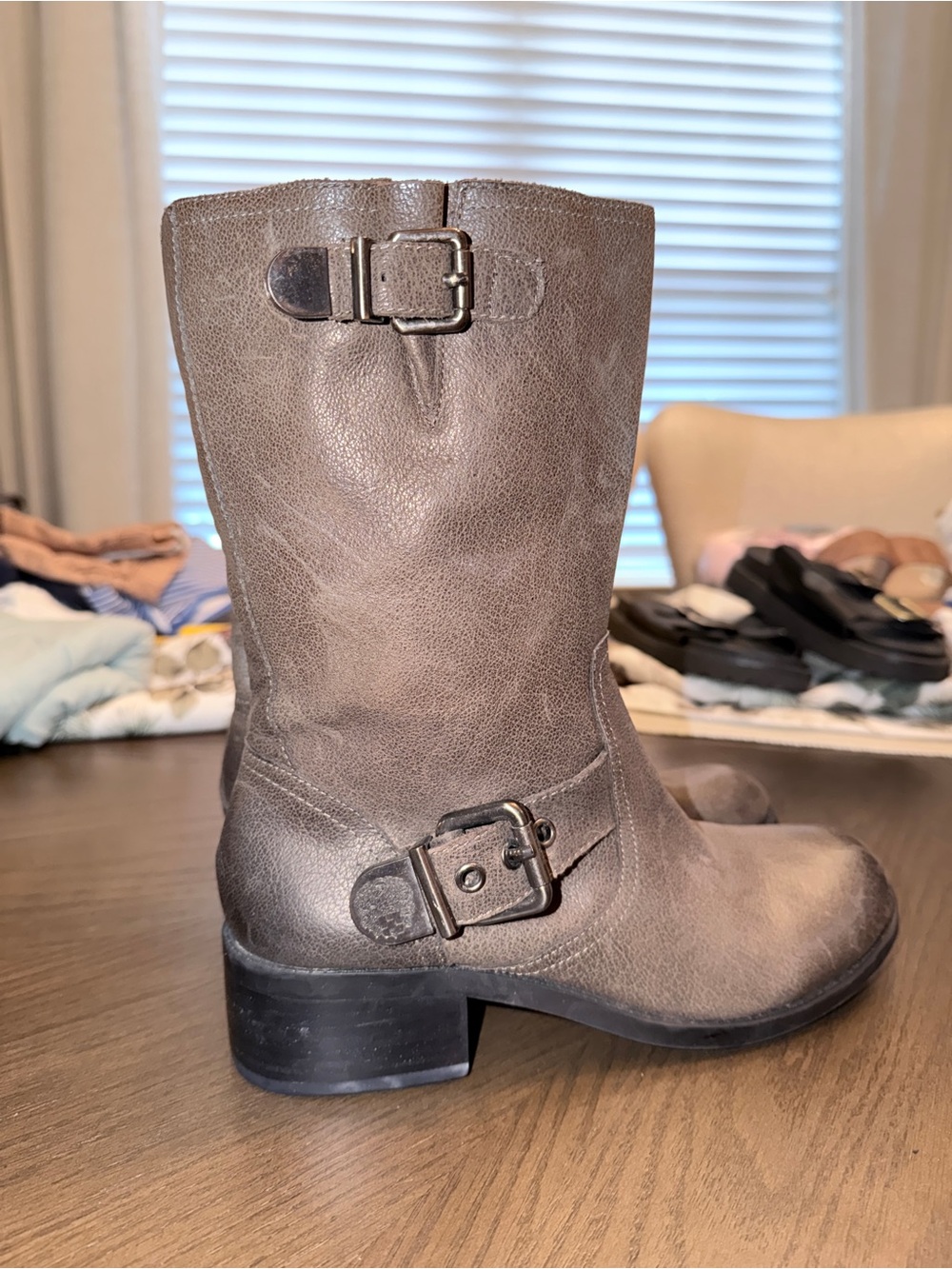 Vince Camuto Taupe Leather Mid-Calf Buckle Boots